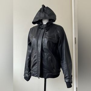 WANDERERS 100% Black Leather Jacket with Hood Size 12 AUSTRALIAN Size 16